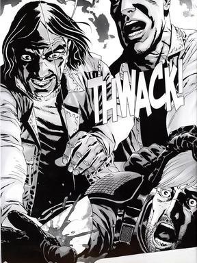 A photo from The Walking Dead comic book series that shows Rick Grimes losing his hand. The development occured in Issue 28 of the popular series.